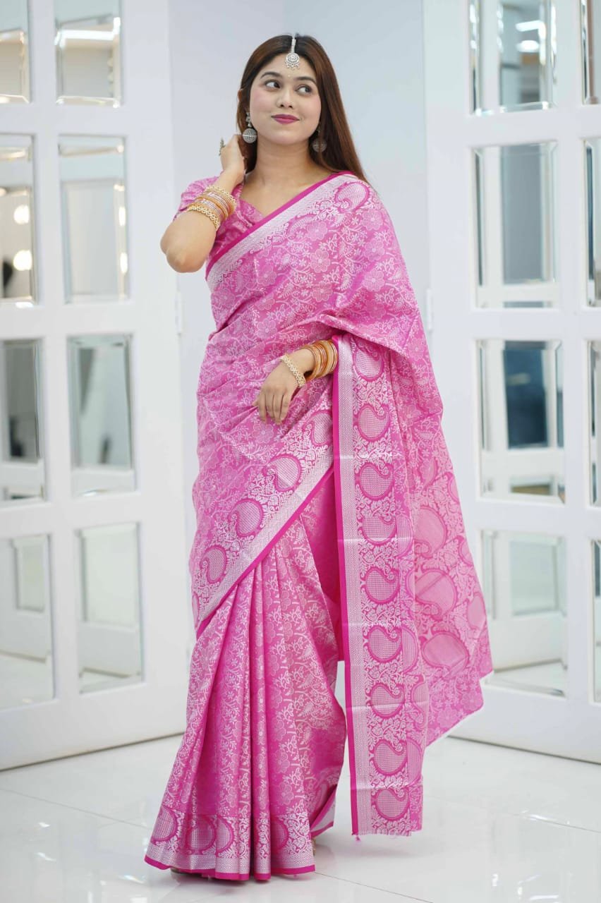 ব্লাউজ পিস সহ প্রিমিয়াম কাঞ্চিপুরম শাড়ি (বেবি পিঙ্ক)