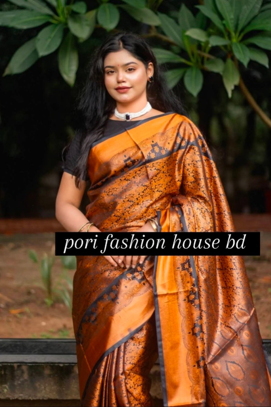 ব্লাউজ পিস সহ প্রিমিয়াম কাঞ্চিপুরম শাড়ি ( ব্ল্যাক অ্যান্ড মাস্টার্ড )