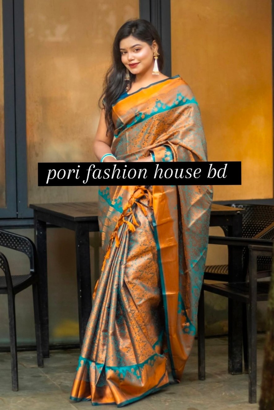 ব্লাউজ পিস সহ প্রিমিয়াম কাঞ্চিপুরম শাড়ি ( গোল্ডেন-টিল )