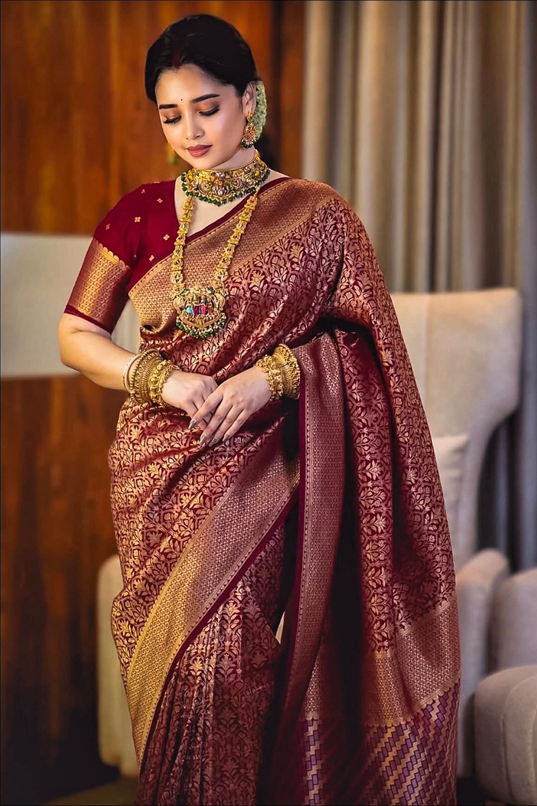 প্রিয়তমা কাঞ্চিপুরম শাড়ি ব্লাউজ পিস সহ